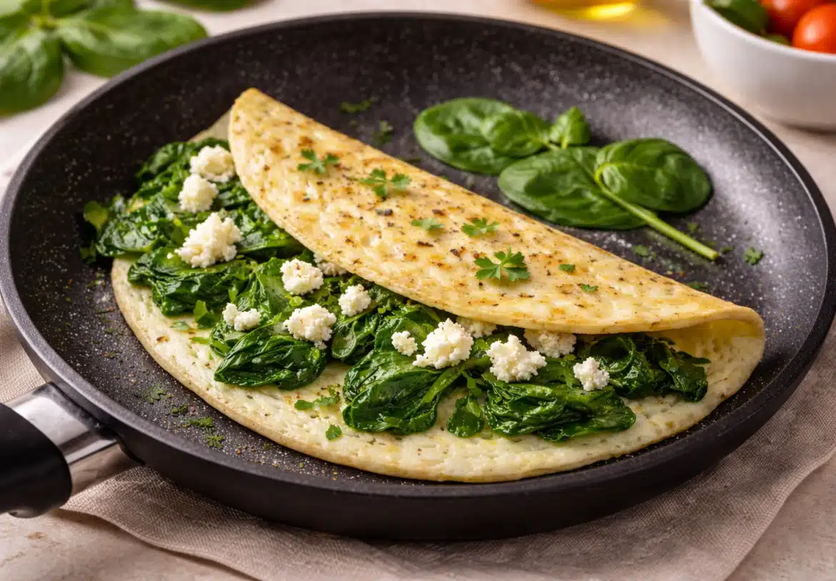 Cena ligera alta en proteína para perder peso: tortilla de claras con espinacas y queso fresco