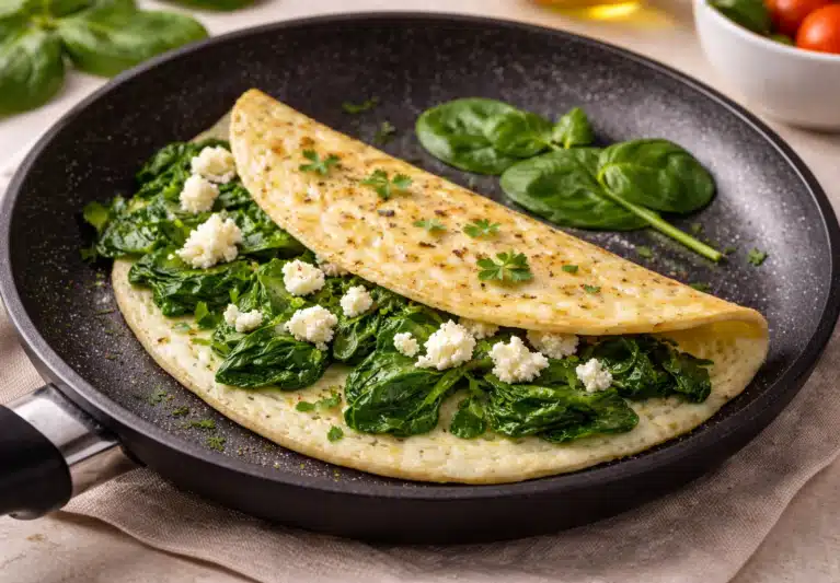Cena ligera alta en proteína para perder peso: tortilla de claras con espinacas y queso fresco